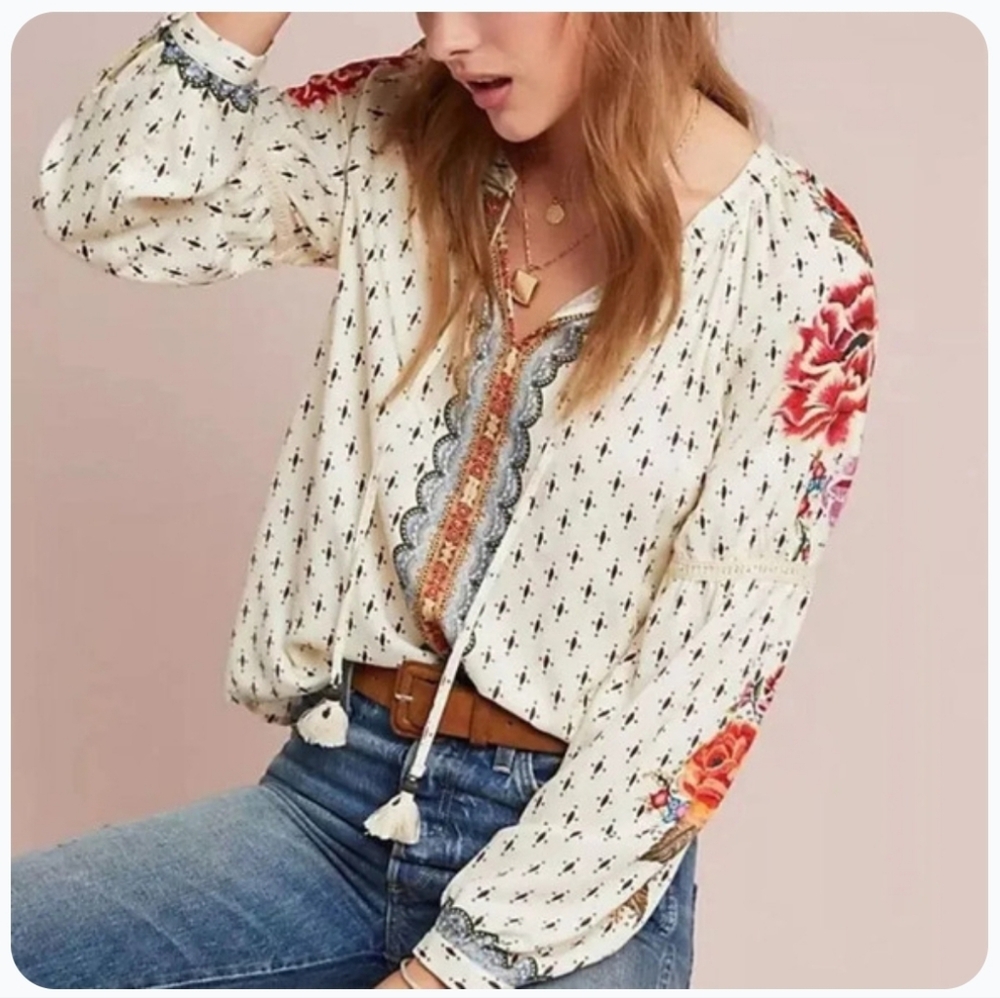 Anthropologie FARM Rio De Janeiro Diana Floral Peasant Top Petite/ Medium